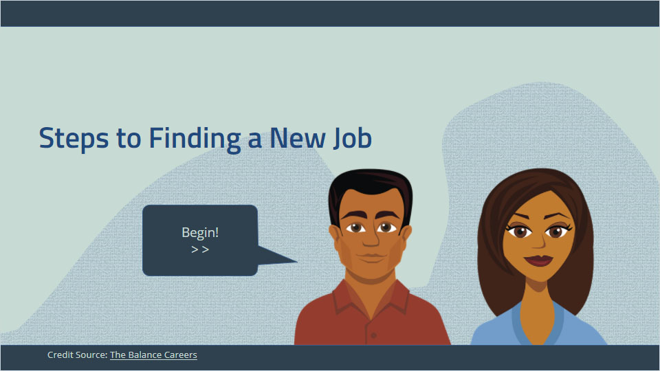 Main screen shot for steps to finding a new job with a man and woman.