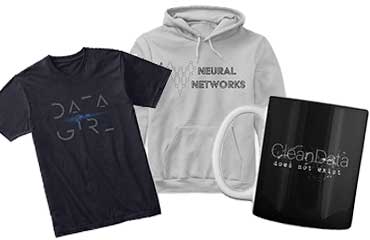 Image of a shirt, hoodie, and mug with data graphics.