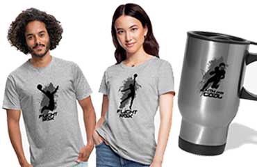 Image of a man, a woman, and a tumbler mug with sports figure silhouette.